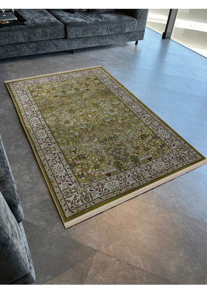 Yeşil Bej Temalı Geleneksel Motif Etnik Çiçek Desenli Kreatif Vintage Dekoratif Halı 2782 modelleri