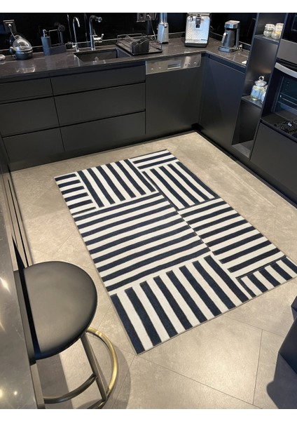 Siyah Bej Temalı Şerit Geometrik Desenli Modern Dekoratif Halı 3300 fiyatları