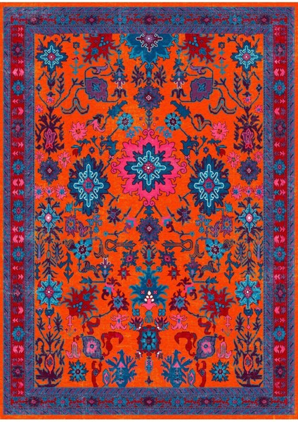 Etnik Desenli Turuncu Mor Vintage Dokuma Taban Dijital Baskılı Halı Mira 1380