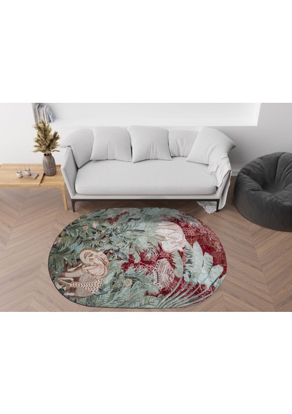 Mira 1739 Oval Kırmızı Fil Figürlü Tropikal Tema Dokuma Taban Dekoratif Halı