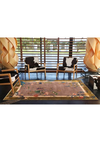 Kahverengi Sarmaşık Çiçekli Modern Desenli Dokuma Taban Ve Dekoratif Yıkanabilir Halı Mıravıp8571