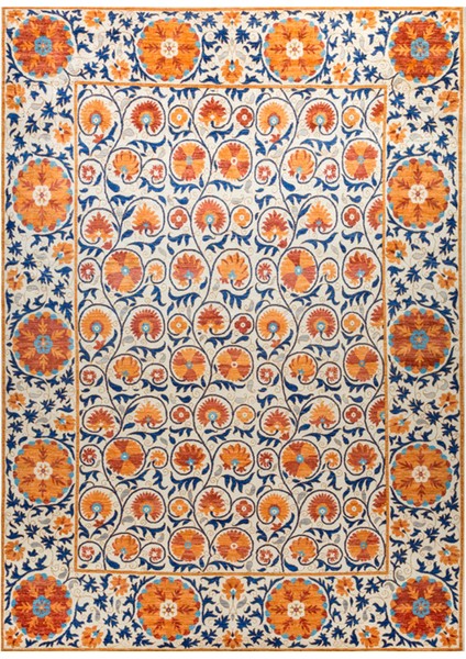 Suzani Çini Desen Etnik Turuncu Kiremit Renk Çok Renkli Desenli Dekoratif Halı 1721