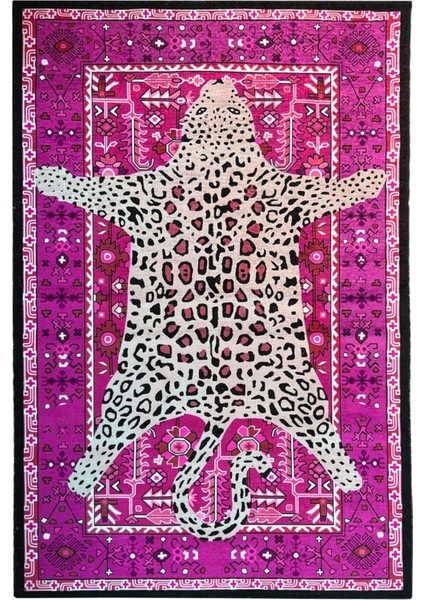Leopar Fuşya Çok Renkli Vintage Tema Dokuma Taban Halı Mira 1305