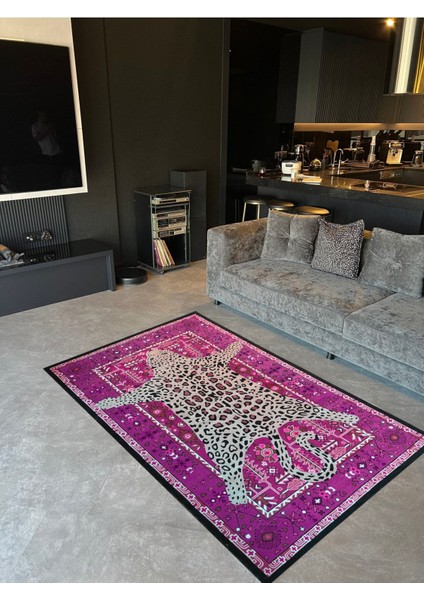 Leopar Fuşya Çok Renkli Vintage Tema Dokuma Taban Halı Mira 1305