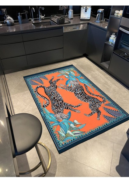 Turuncu Leopar Hayvan Desenli Modern Dekoratif Halı Mıravıp294