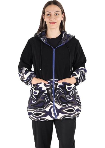 Siyah/lacivert Kilim Desenli Kadın Polar Ceket