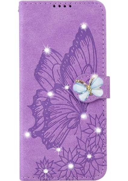 IPhone 16 Için Flip Case Kart Yuvası Standı ile Elmas ile Büyük Kelebek (Yurt Dışından)