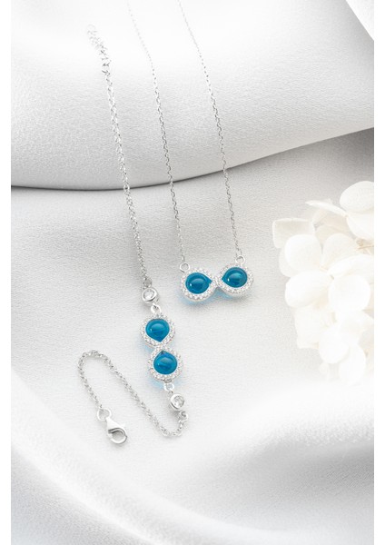 Silvano Jewelry 925 Ayar Gümüş Mavi Taşlı Sonsuzluk Kolye Bileklik Set