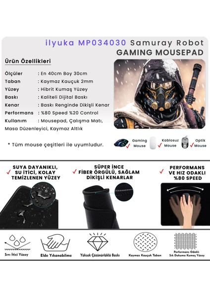 40X30CM Gaming Oyuncu Mousepad Kaymaz Kauçuk Taban Dikişli Kenar Samuray Robot MP034030