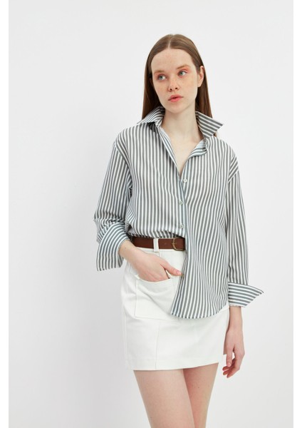 Yeşil Oversize Çizgili Gömlek