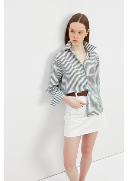 Yeşil Oversize Çizgili Gömlek modelleri