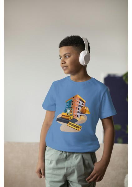 Erkek Çocuk %100 Pamuk Premium Inşaat Baskılı Kısa Kol T-Shirt