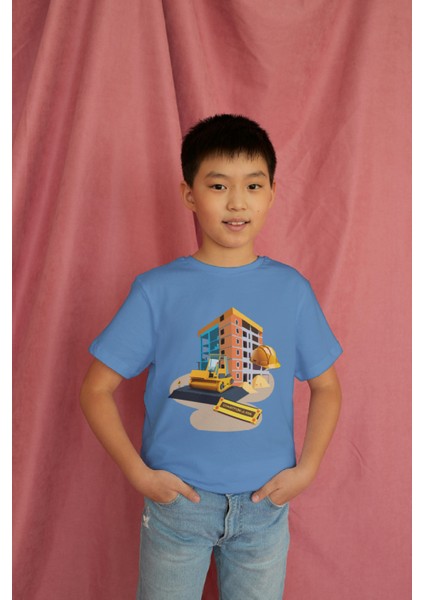 Erkek Çocuk %100 Pamuk Premium Inşaat Baskılı Kısa Kol T-Shirt modelleri
