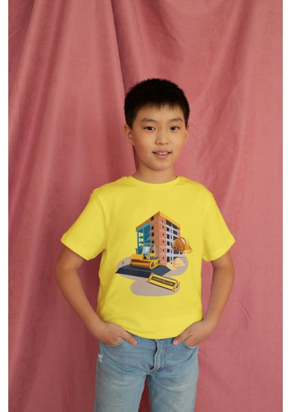 Erkek Çocuk %100 Pamuk Premium Inşaat Baskılı Kısa Kol T-Shirt modelleri