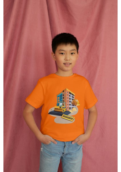 Erkek Çocuk %100 Pamuk Premium Inşaat Baskılı Kısa Kol T-Shirt modelleri