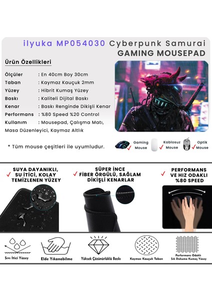 40X30CM Gaming Oyuncu Mousepad Kaymaz Kauçuk Taban Dikişli Kenar Cyberpunk Samurai MP054030