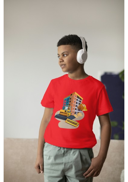 Erkek Çocuk %100 Pamuk Premium Inşaat Baskılı Kısa Kol T-Shirt