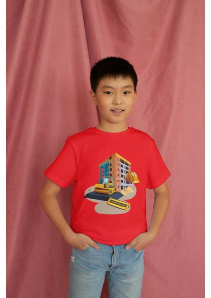 Erkek Çocuk %100 Pamuk Premium Inşaat Baskılı Kısa Kol T-Shirt modelleri