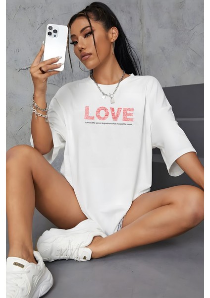 Love Baskılı Kadın Oversize Pamuk Tişört