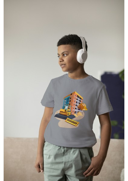 Erkek Çocuk %100 Pamuk Premium Inşaat Baskılı Kısa Kol T-Shirt