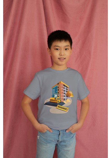 Erkek Çocuk %100 Pamuk Premium Inşaat Baskılı Kısa Kol T-Shirt modelleri