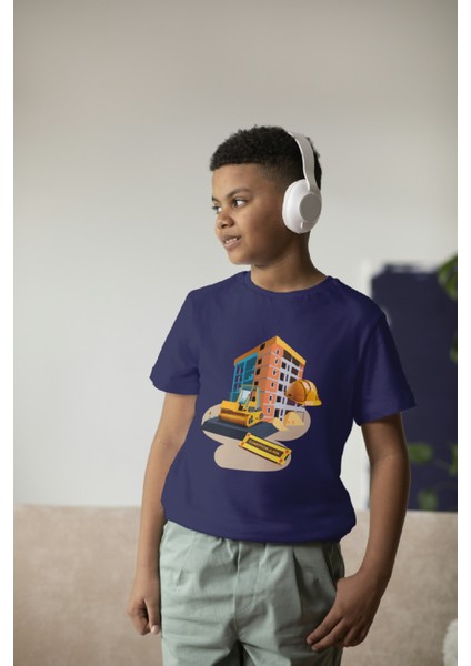 Erkek Çocuk %100 Pamuk Premium Inşaat Baskılı Kısa Kol T-Shirt
