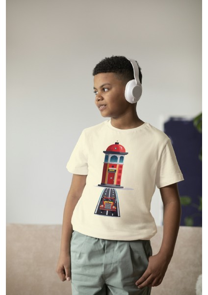 Erkek Çocuk %100 Pamuk Premium Itfaiye Binası Baskılı Kısa Kol T-Shirt