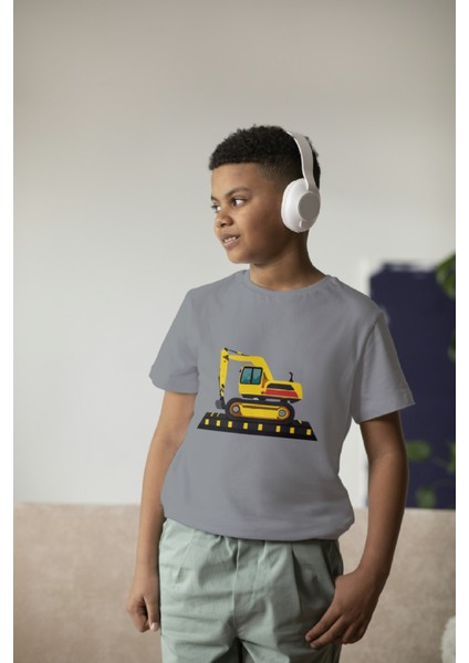 Erkek Çocuk %100 Pamuk Premium Iş Makinesi Baskılı Kısa Kol T-Shirt