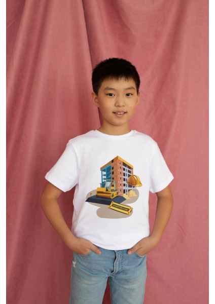 Erkek Çocuk %100 Pamuk Premium Inşaat Baskılı Kısa Kol T-Shirt modelleri