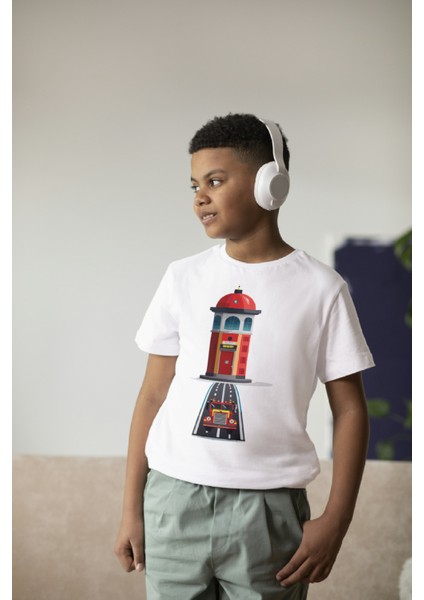 Erkek Çocuk %100 Pamuk Premium Itfaiye Binası Baskılı Kısa Kol T-Shirt