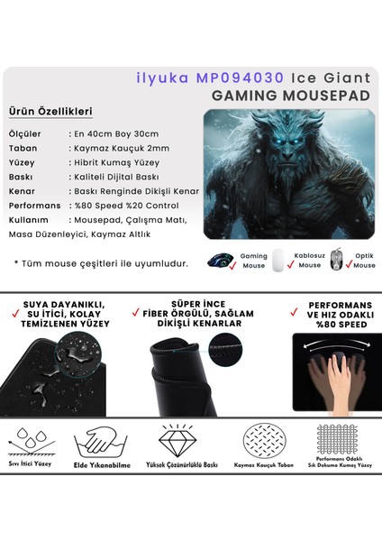 40X30CM Gaming Oyuncu Mousepad Kaymaz Kauçuk Taban Dikişli Kenar Ice Giant MP094030