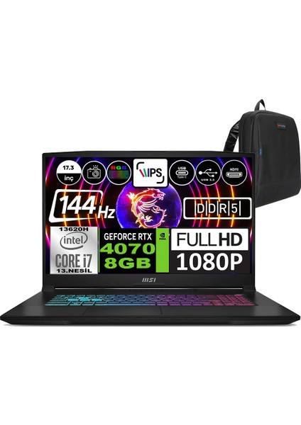 Msı Katana 17 Intel Core I7 13620H 64GB 4tb SSD RTX4070(105W) 8gb Windows 11 Pro 17.3" Fhd 144Hz Taşınabilir Bilgisayar B13VFK1030XTRWP12 + Zetta Çanta