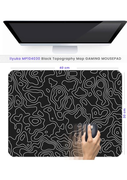 40X30CM Gaming Oyuncu Mousepad Kaymaz Kauçuk Taban Dikişli Kenar Black Topography Map MP104030