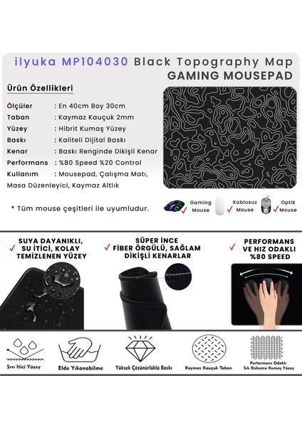 40X30CM Gaming Oyuncu Mousepad Kaymaz Kauçuk Taban Dikişli Kenar Black Topography Map MP104030