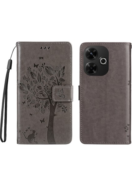 Xiaomi Redmi 13 5g/13 4g Kılıf Deri Telefon Kılıfı Folyo Cüzdan Kedi Ağacı Desen-Gri (Yurt Dışından)