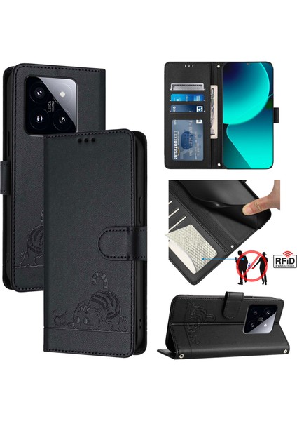 Baskı Serisi Xiaomi 14 Pro Kılıf Kedi Fare Deri Telefon Kapağı Kart Yuvaları Rfıd Engelleme-Siyah (Yurt Dışından)