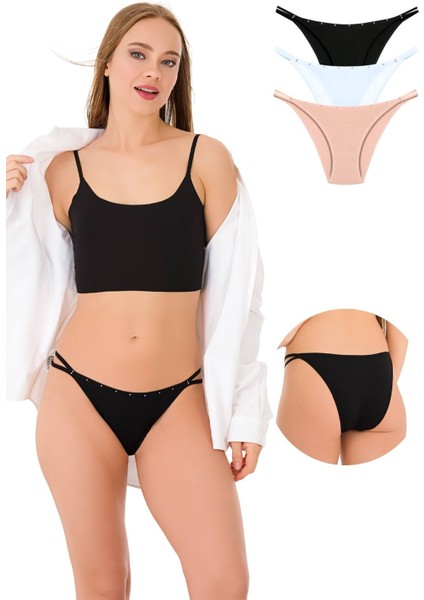 1025 Çift İp-Taş Detaylı Bikini Külot Paketi 1025-V1