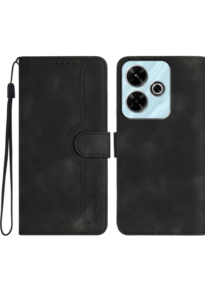 YX0030 Xiaomi Redmi 13 5g/13 4g Kılıf Gülümseme Baskılı Cüzdan Pu Deri Kapak Çevirin-Siyah (Yurt Dışından)