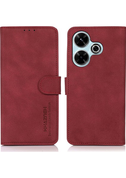 Khazneh Xiaomi Redmi 13 5g/13 4g Kılıf Deri Flip Halkalı Telefon Kılıfı Kapak Pürüzsüz Doku-Kırmızı (Yurt Dışından)