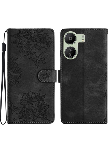 Xiaomi Redmi 13C 4g Kılıf Için Çiçek Tasarım Deri Cüzdan Çevirmeli Telefon Kapağı-Siyah (Yurt Dışından)