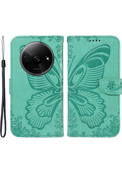 Xiaomi Redmi A3 Kılıf Swallowtail Çevirme Pu Deri Telefon Kapağı-Yeşil (Yurt Dışından)