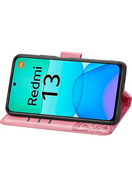 4U Sky Xiaomi Redmi 13 5g/13 4g Kılıf Standı Pu Deri Telefon Kapağı ve Çiçek Baskılı-Pembe (Yurt Dışından)