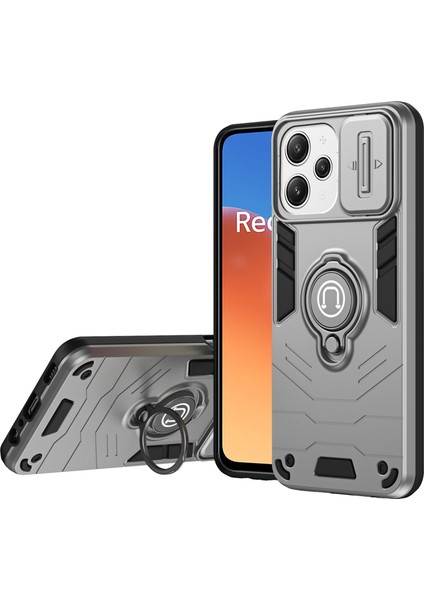 Xiaomi Redmi 12 4g/5g (Global) Kılıf Halkası Kickstand Pc+Tpu Telefon Kapağı Lens Gizlilik Koruması-Gri (Yurt Dışından)