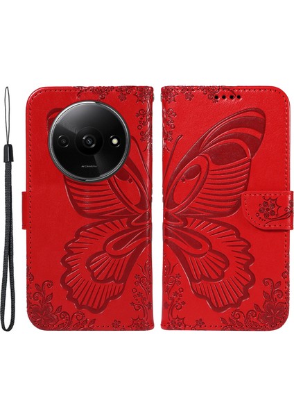 Xiaomi Redmi A3 Kılıf Swallowtail Çevirme Pu Deri Telefon Kapağı-Kırmızı (Yurt Dışından)