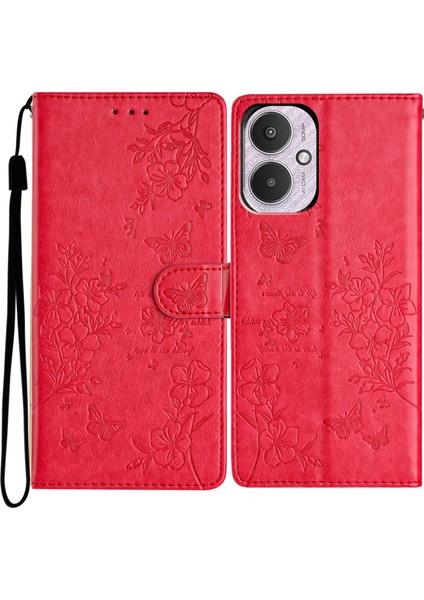 Xiaomi Redmi 13C 4g Telefon Kılıfı Için Çiçek Baskı Standı Deri Kapak-Kırmızı (Yurt Dışından)