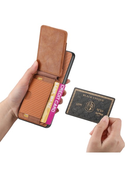 Xiaomi Redmi Note 13 Pro 4g Kılıf Ayarlanabilir Kickstand Deri Karbon Fiber Kapak-Kahverengi (Yurt Dışından)