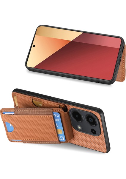 Xiaomi Redmi Note 13 Pro 4g Kılıf Ayarlanabilir Kickstand Deri Karbon Fiber Kapak-Kahverengi (Yurt Dışından)