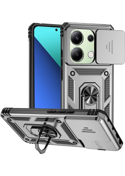Xiaomi Redmi Için Not 13 4g Kılıf Askeri Sınıf Kickstand Pc Tpu Telefon Kapak Lens Gizlilik Koruma-Gümüş (Yurt Dışından)