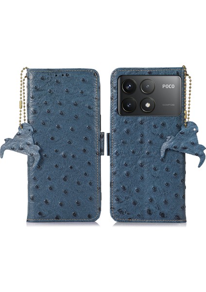 Xiaomi Poco F6 Pro 5g Cüzdan Kılıf Için Rfıd Engelleme Devekuşu Doku Hakiki Inek Deri Telefon Kapağı-Mavi (Yurt Dışından)