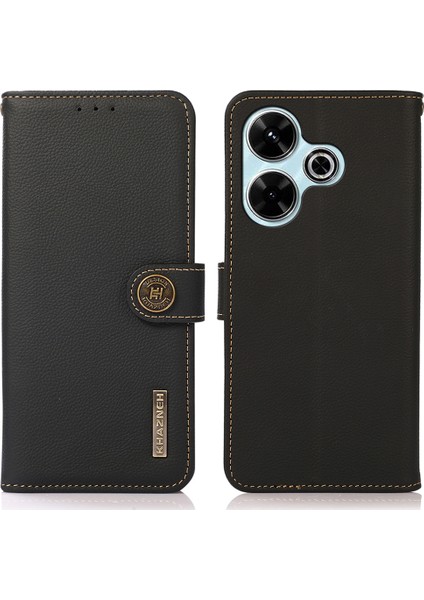 Khazneh Xiaomi Redmi 13 5g/13 4g Kılıf Hakiki Inek Deri Cüzdan Telefon Kapağı-Siyah (Yurt Dışından)
